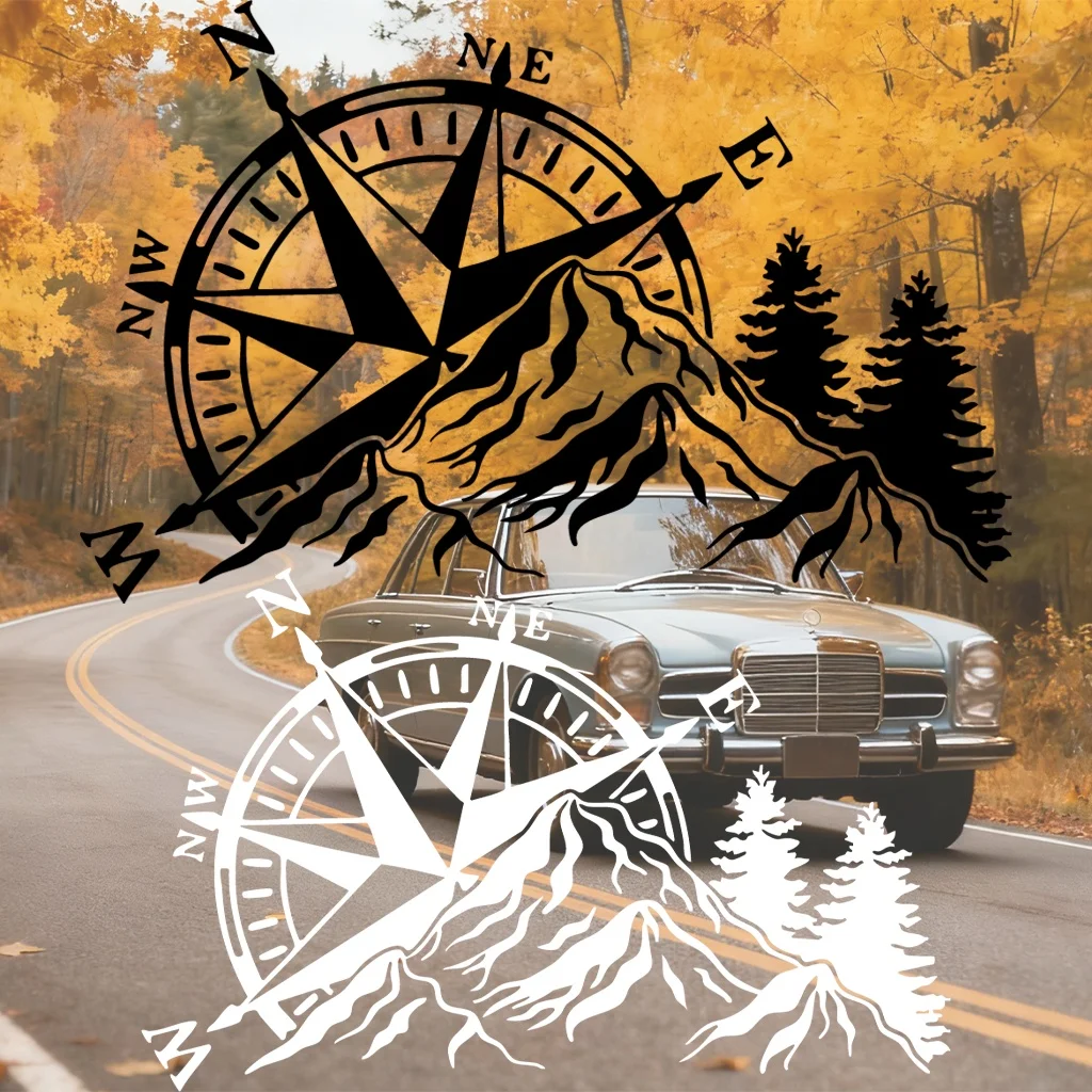 

1PC 2D Flat Compass Mountain Pine Tree Self-Adhesive Sticker for Car Laptop Notebook Decor Black White Vinyl Decal