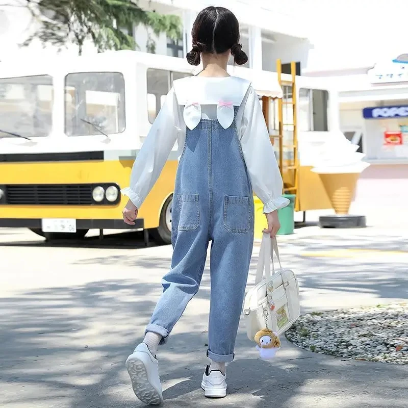 Girls Casual All-match Denim Overalls Middle Big Children\'s Spring Autumn Korean Overalls Children Fashion Foreign Flavor Jeans