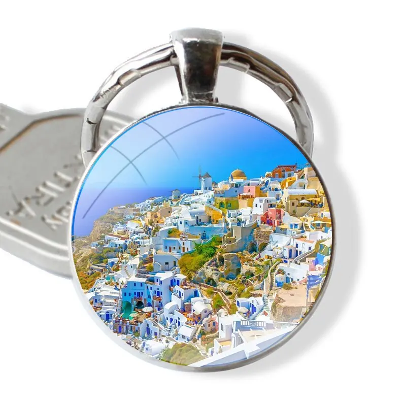 Keychain Handmade Glass Cabochon Key Ring Holder Pendant Key Chains Greece Santorini Island Scenery Picture