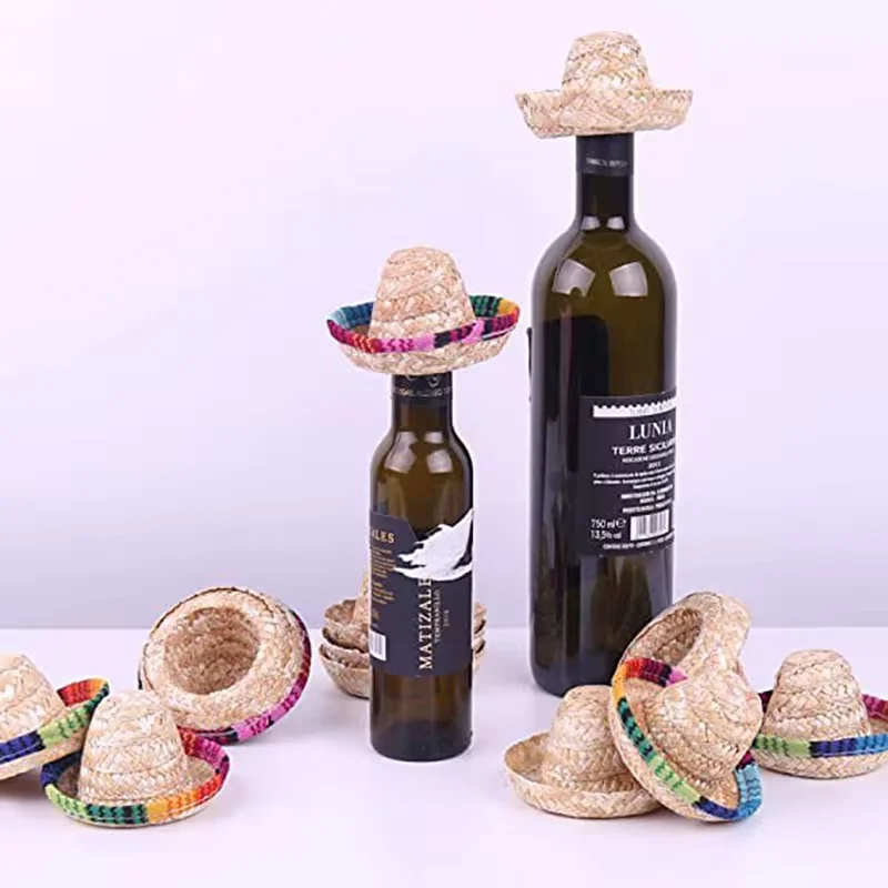 Straw Hat Wine Bottle Toppers Mini Mexican Wine Bottle Hat Kitchenware Cute Wedding Party Home Table Decoration Doll Accessories