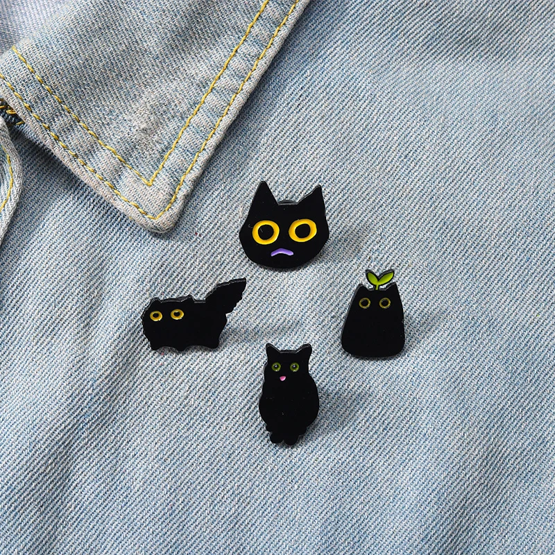 Sprout Black Cat Enamel Pins Custom Cute Animals Brooches Cartoon Collar Badge Jewelry Gift for Kids