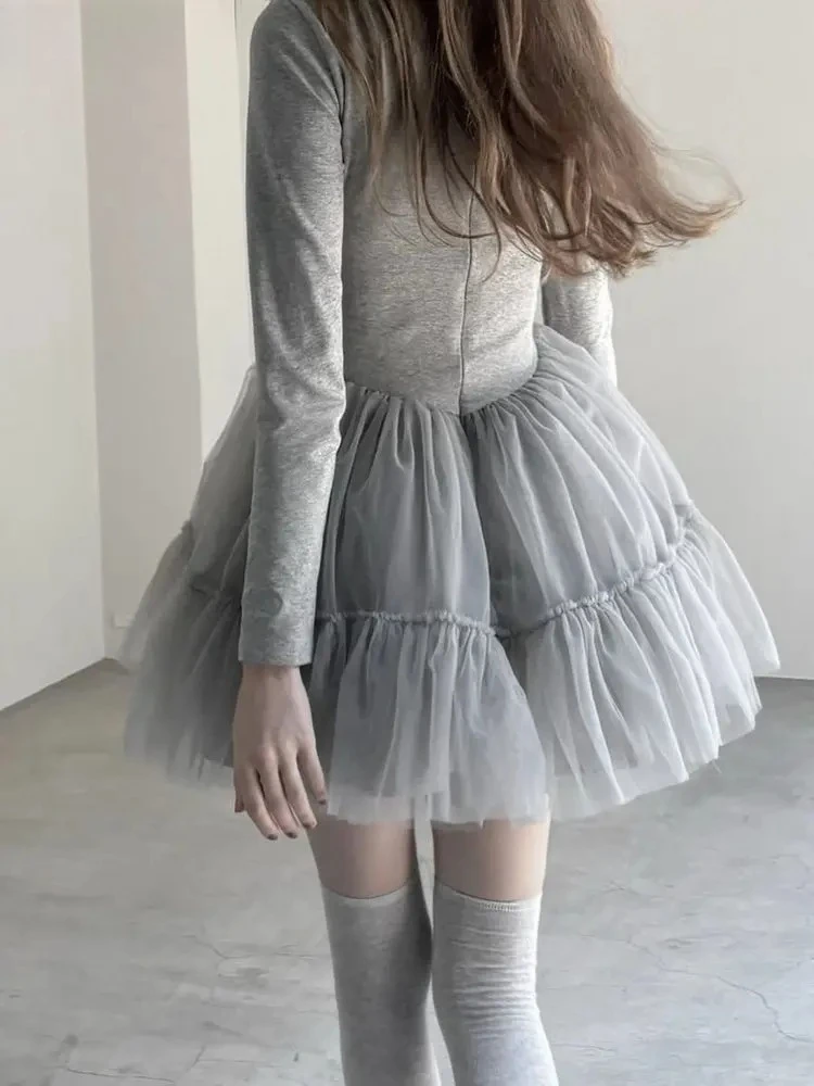

Elegant and Sweet Girl Solid Color Puffy Gauze Dress Spring Summer Round Neck High Waist Slim Fit Long Sleeve Short Dresses