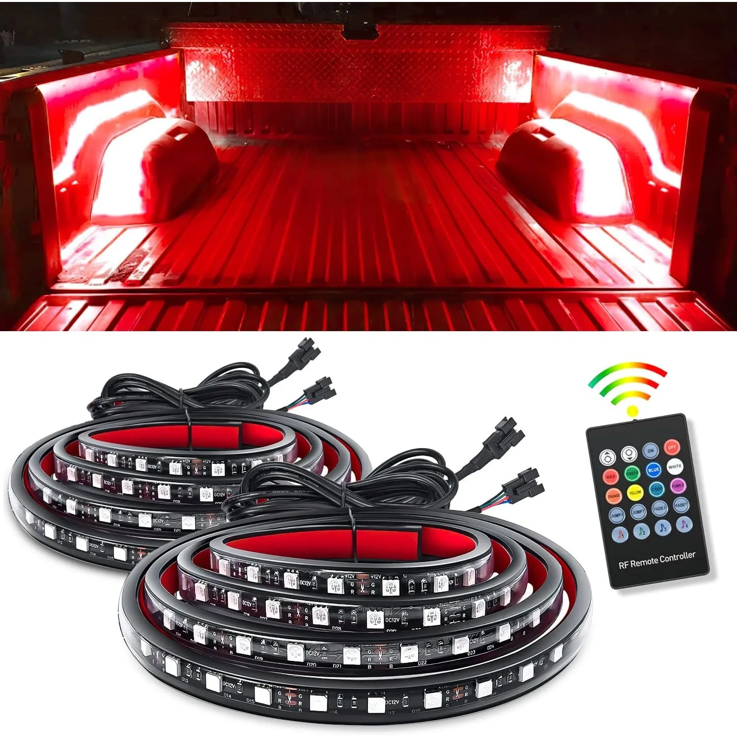 

Nilight 2PCS 60Inch RGB Truck Bed Light Strip Kit RF Remote Control with On Off Switch Blade Fuse 2Way Splitter Extension Cable