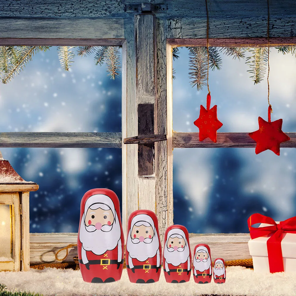 1 Set Of Wooden Christmas Santa Claus 5-Layer Nesting Russian Handicraft For Kids Xmas Present Home Decor Party Decoration Wood