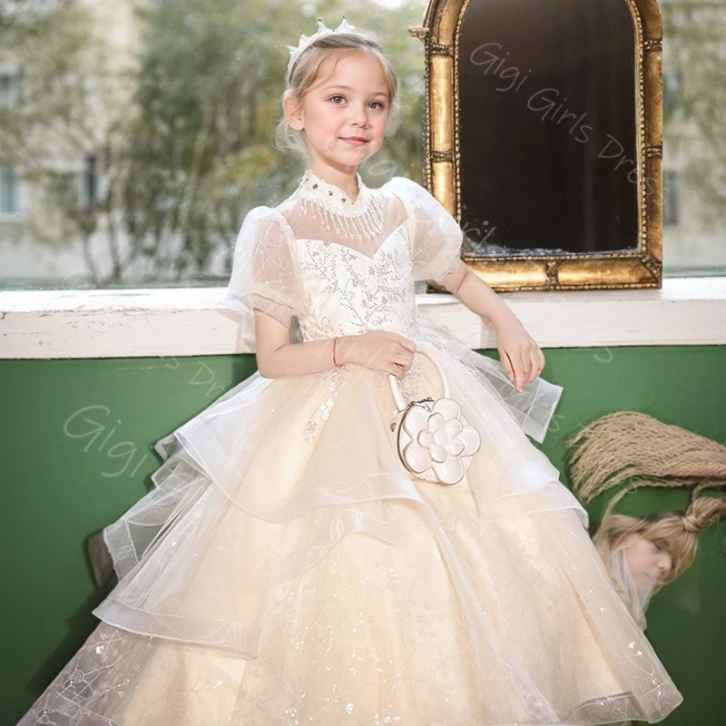 فستان الأميرة بطول الكاحل للفتيات برقبة عالية وأكمام قصيرة فستان فتاة الزهور مطرز بالدانتيل لحفلات أعياد الميلاد مخصص