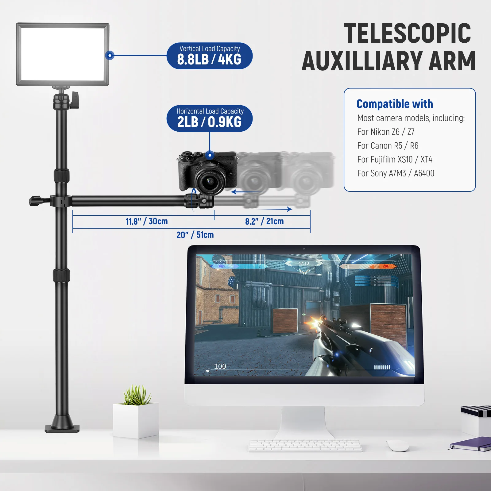 NEEWER TL253A+DS001 Table Camera Tripod with 2 Telescopic Arms, Phone Holder, Ball Heads, Screw Adapter, Table Light Stand