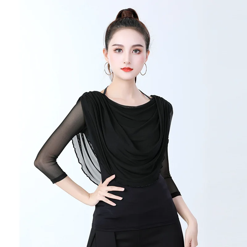 Adult Women Latin Dance Costume Black Blouse Half Sleeve-sleeved Top Modern Dance Practice Flower Lace Net Yarn Collar Clothes