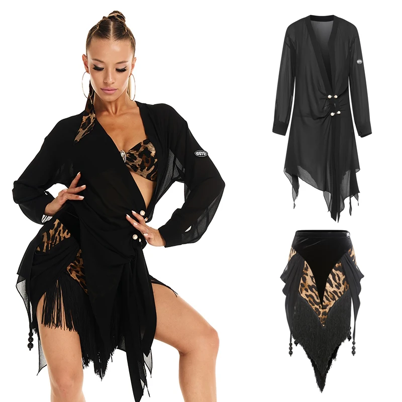 

Fashion Women'S Rumba Latin Dance Costumes Irregular Mesh Top Triangle Tassel Skirt Adults Ballroom Dance Clothing SL13640