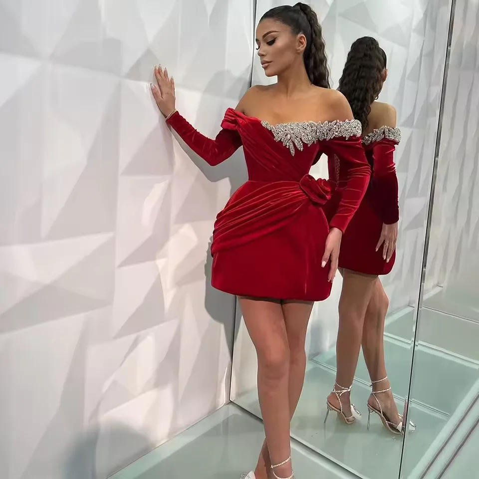

Customized Red Velvet Cocktail Party Mini Dress Sexy Off Shoulder Long Sleeve Evening Dress Short Style Birthday Party