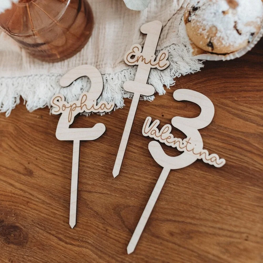 Custom Cake Topper - 1PC Personalized Wooden Number & Name Laser Engraved DIY Lucky Number Decor for Parties, Birthdays & Festiv