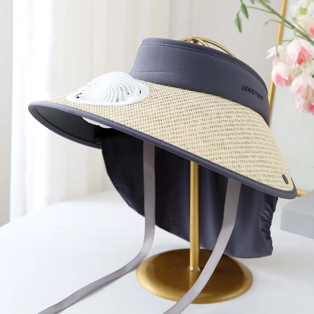 Portable Rechargeable Fan Hat Long-lasting Breathable Fishing Sun Shading Cap with Neck Shawl Polyester Wide Brim Fan Hat Hiking