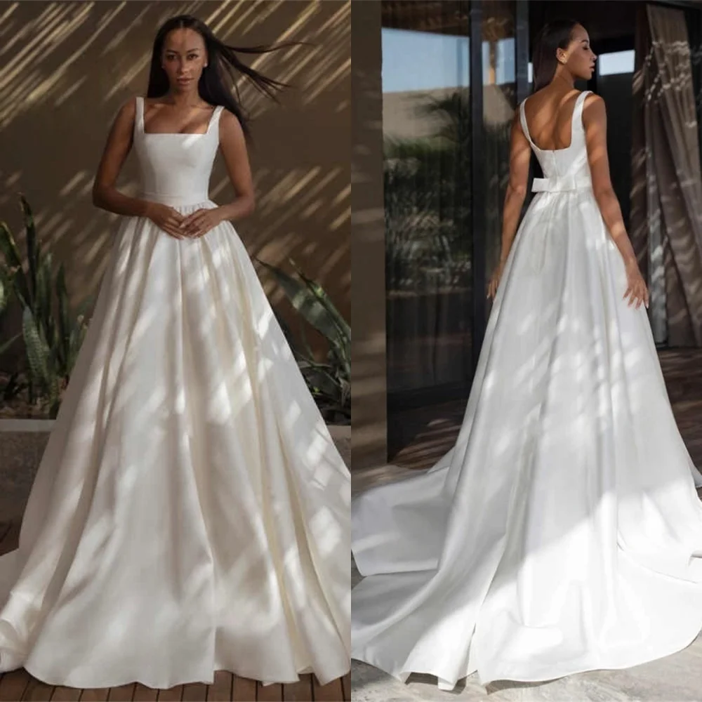 Customized White Satin Applique Pleat Wedding Party A-line Poretrait Long Dresses Elegant Formal Luxury  Temperament  Dress