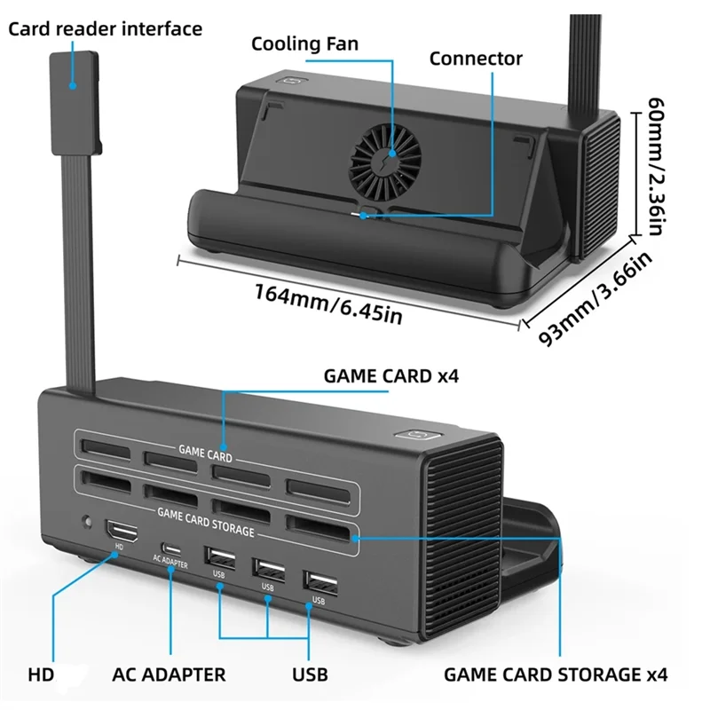 

For Nintendo Switch/OLED TV Docking Station USB-C Game Card Storage With USB2.0X2+USB3.0+PD Fast Charge+Cooling Fan