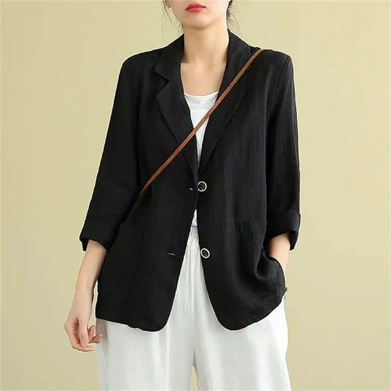 women Fashion Solid Cotton And Linen Suits Jacket Spring And Autumn 2024 Summer New Thin Three-Quarter Sleeve Sunscreen Blazer