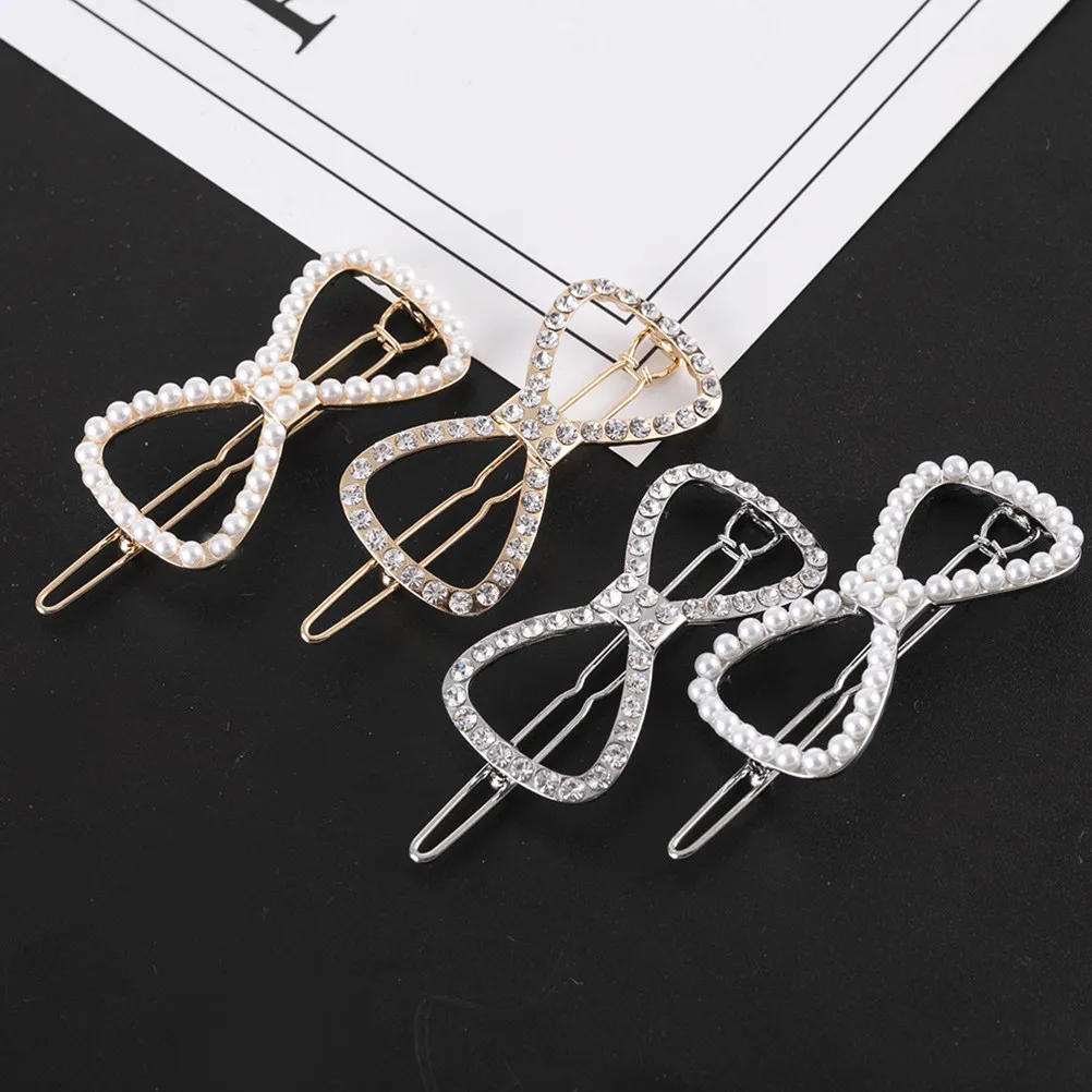 

Набор из 4 заколок для волос с жемчугом, полым бантом и стразами, стильные боковые заколки-невидимки, аксессуары для путешествий