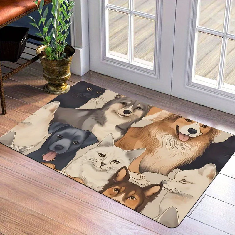Cute Cat And Dog Gathering Doormat Adorable Pet Portrait Non Slip Entry Rug For Pet Lover Home And Entryway Decor
