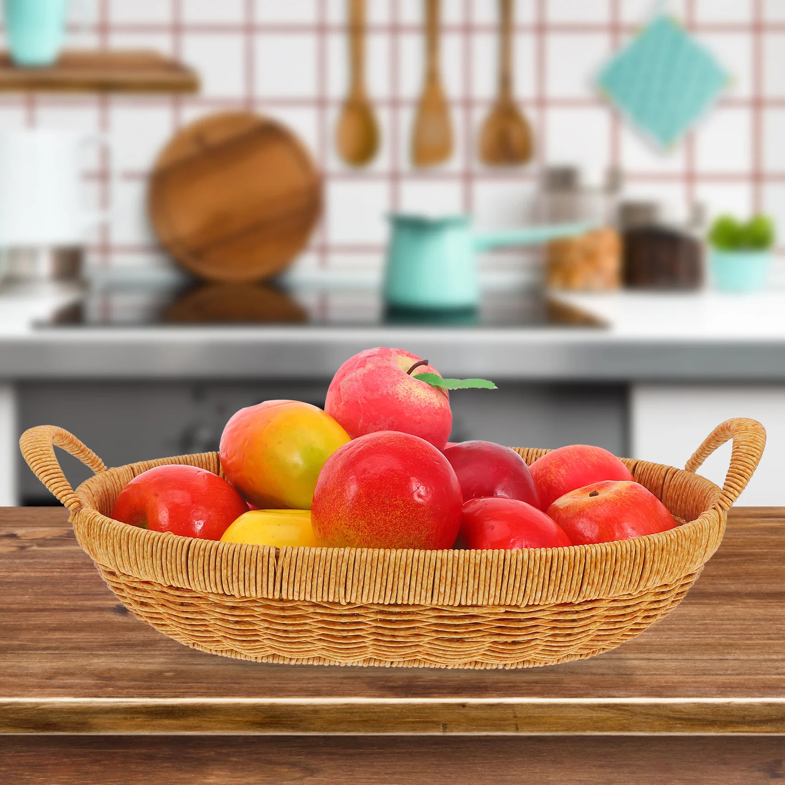 

Oval Rustic Woven Fruit Basket Hand Woven Storage Basket Desktop Organizer for Kitchen Living Room Picnic Food Tray