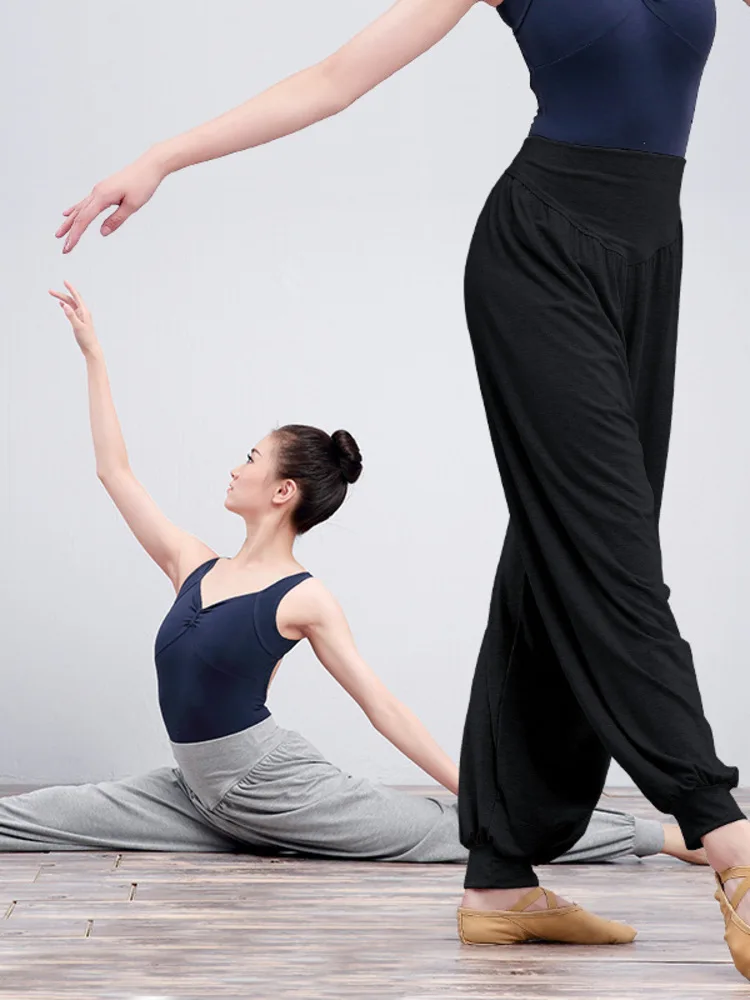 발레 댄스를위한 성인 솔리드 컬러 하이 웨이스트 루즈 랜턴 바지, 편안한 무대 공연 연습 바지