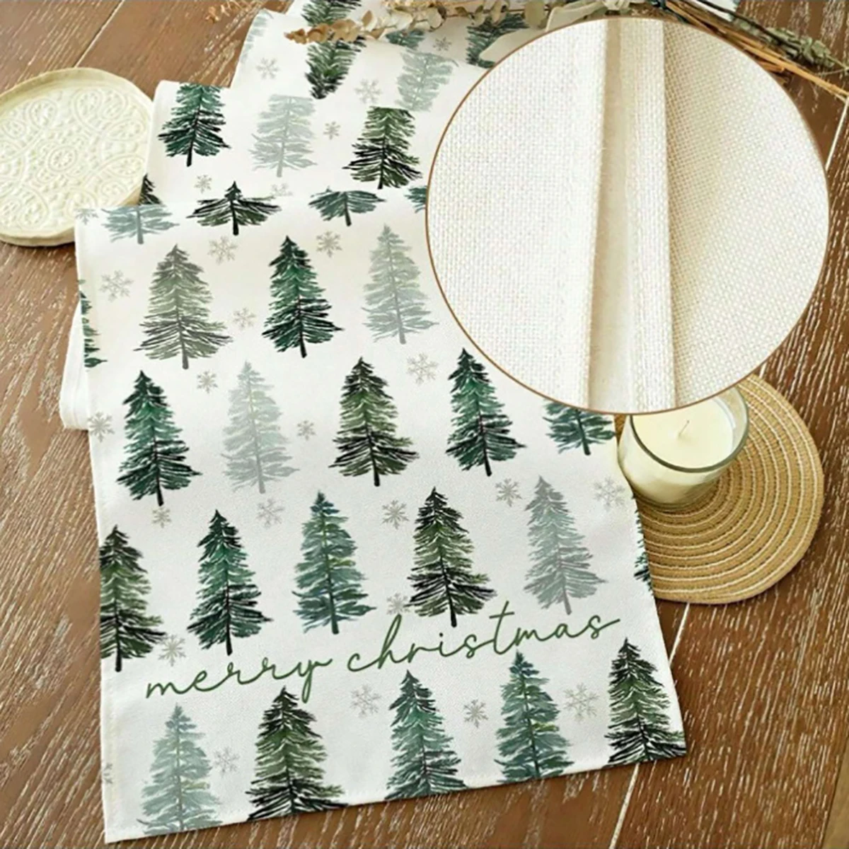 مفرش طاولة مطبوع عليه شجرة صنوبر عيد الميلاد وندفة الثلج، مفرش طاولة "عيد ميلاد سعيد" لطاولة طعام العطلات، ديكور المنزل والحفلات #5