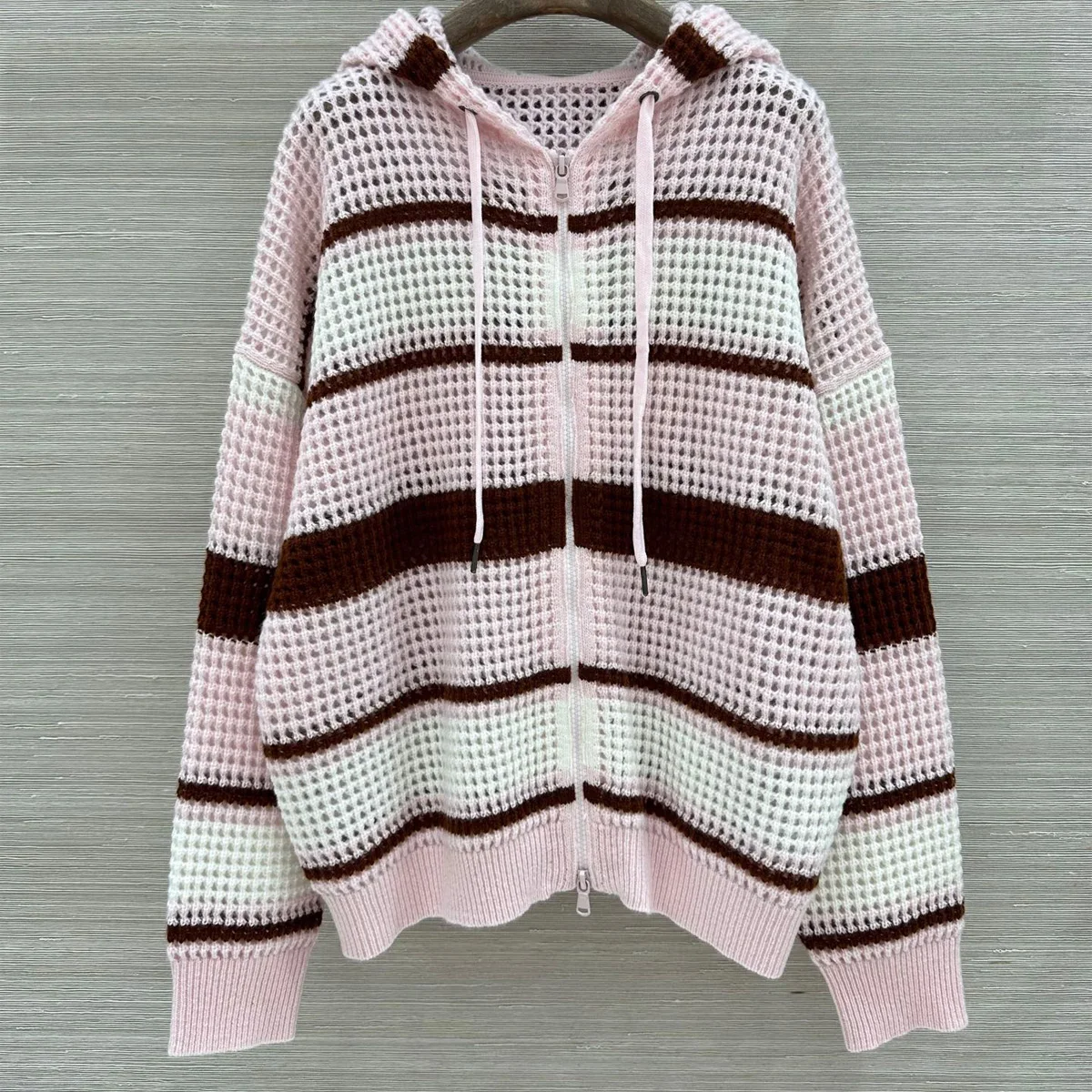 High Quality Women Striped Hollow Out Knit Hoodie Zip‑Up Drawstring Loose Drop Shoulder  lyt2680632Knitted Cardigan Outerwear