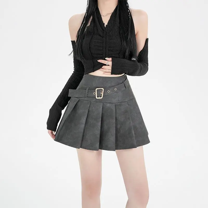 

Leather Skirt Autumn Winter New Hot Girl Leather Skirt High Waist Slimming A-Line Pleated Skirt Half Skirt Western Style Retro
