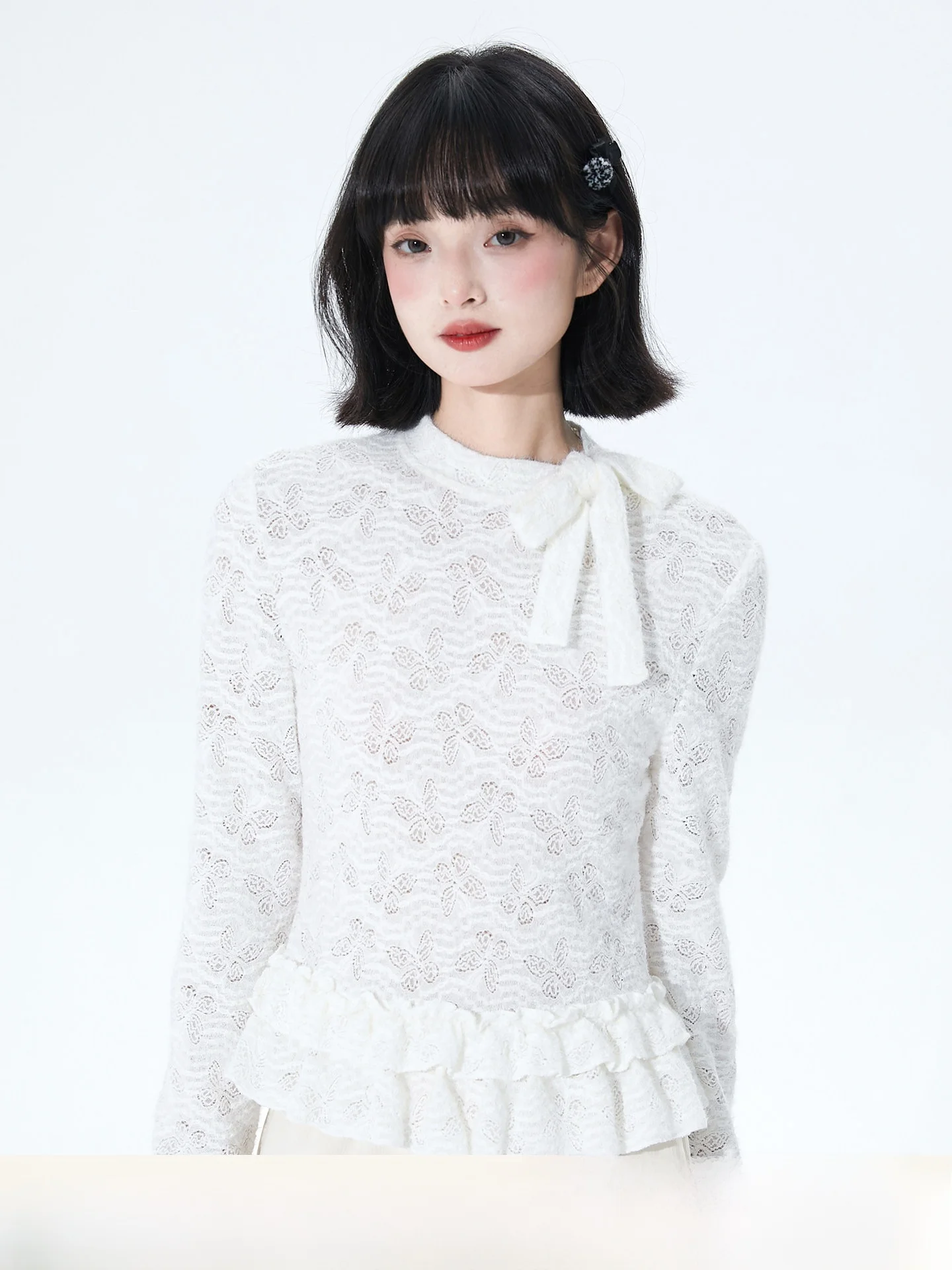 

Original White Lazy Feel Lace Pattern Velvet Knitwear Women's Autumn Winter Base Layer Knitted Sweater Soft Medium Nylon Fabric