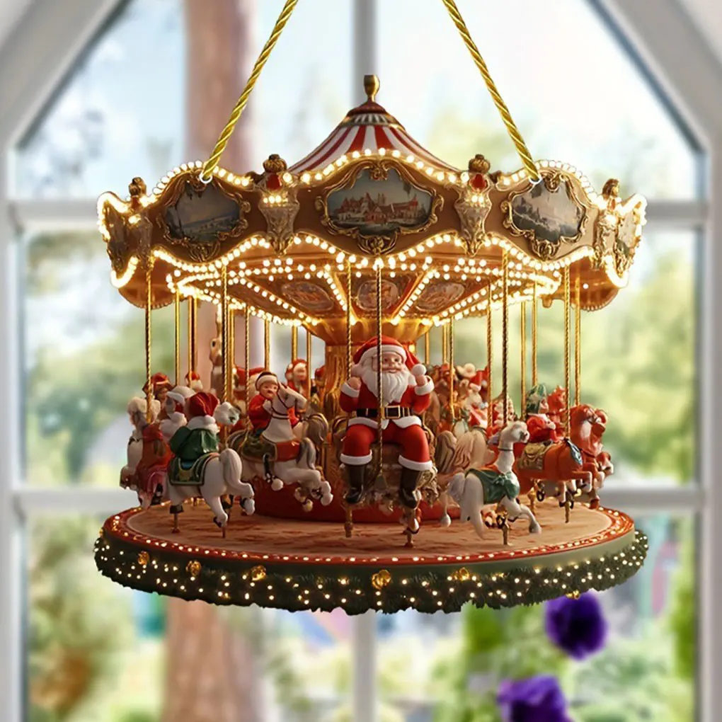 Santa Carousel Christmas Hanging Ornament Scene Traditional Festive Decoration Merry-Go-Round Christmas Ornaments Xmas Decor