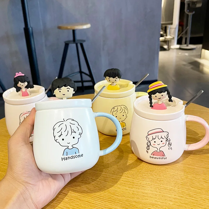 

Lovely Boy and Girl Ceramic Coffee Cup Office Creative Mug Couple Tea Coffee Mug Oatmeal Breakfast Mug Drinkware Kitchen