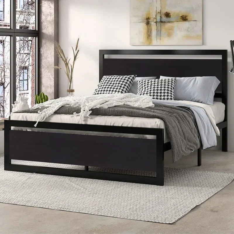 ZHENXIANG Cama Quadro com Cabeceira De Madeira Moderna, Plataforma Resistente, Cama De Metal, Estribo Quadrado e Ripas De Metal