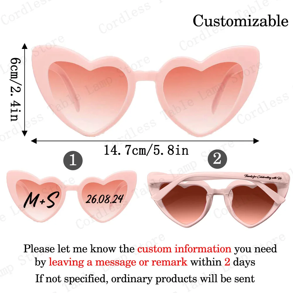 XMSJ 24–120 Stück individuelle Herz-Sonnenbrillen, personalisierte Hochzeits-Sonnenbrillen, Brautparty-Geschenke für Gäste, Hochzeit, Datum, Initialen, individuell 5