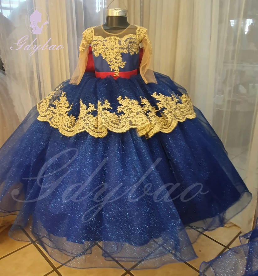 Robe à Fleurs en Tulle et Dentelle Dorée pour Fille, Col Rond Bouffant, Longueur au Sol, pour Mariage, Anniversaire, Bébé, Concours, Première Communion, Bal