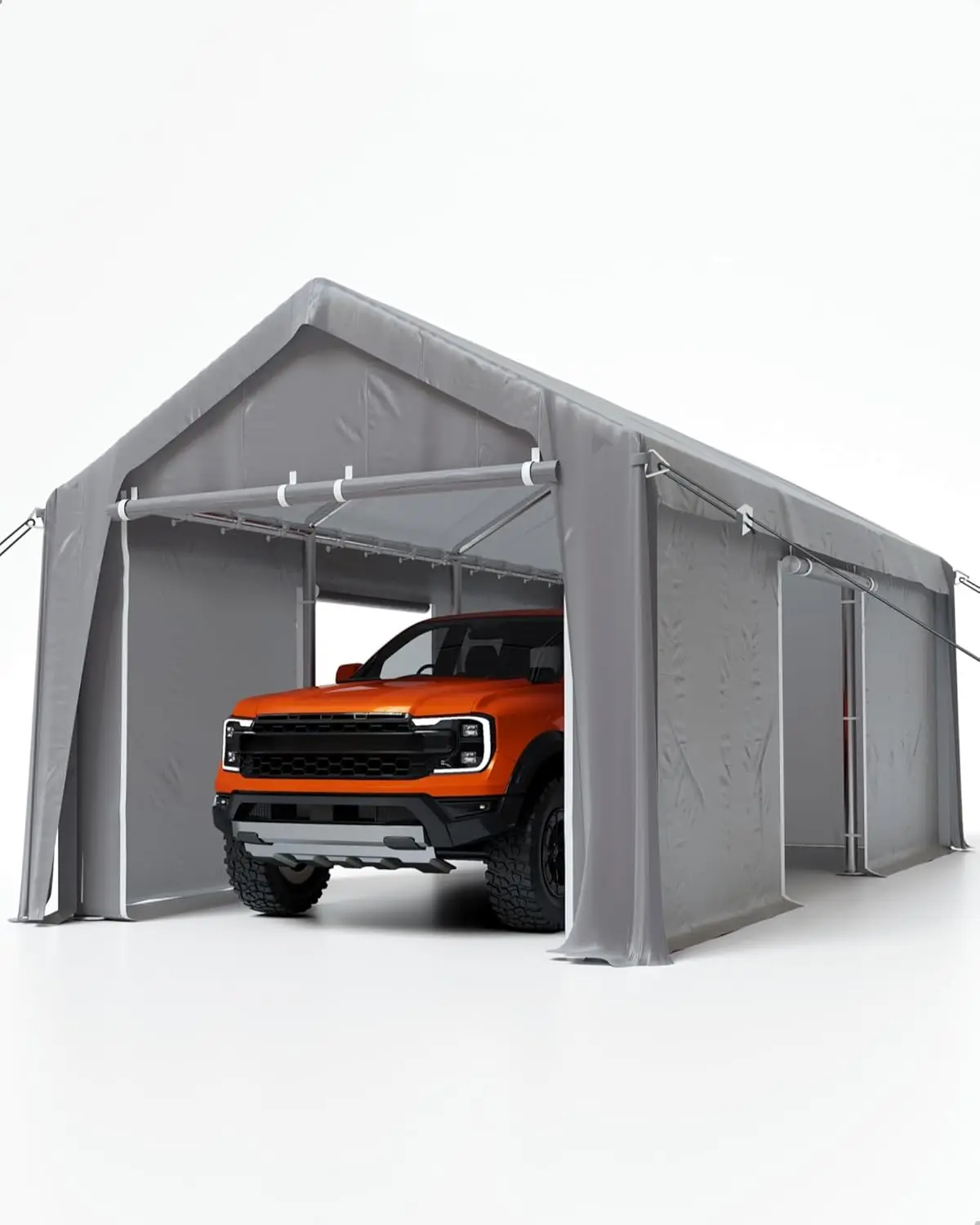 Carport 13'X20' Portable Garage, 14 Mil Pe Canopy & 1.0 Mm Thick Heavy Duty Steel Poles, And 4 Roll-Up Side Doors, For Fullsize