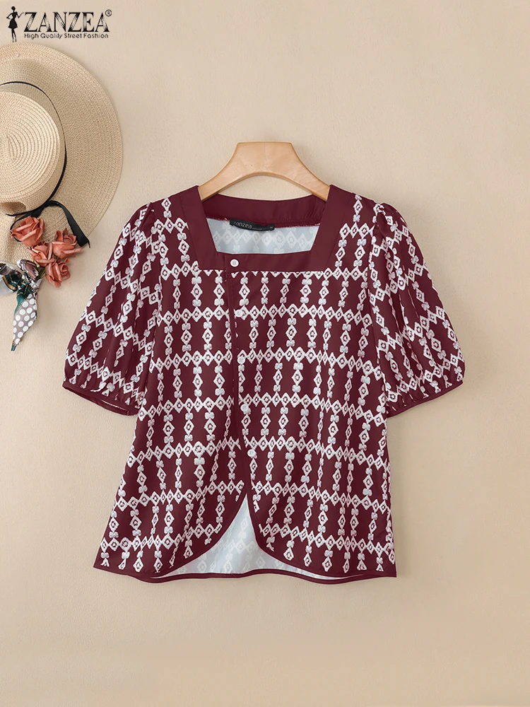 

Повседневный вязаный кардиган, женские рубашки с принтом, асимметричные топы с короткими рукавами, модные блузки с квадратным воротником и открытой вышивкой ZANZEA 2025