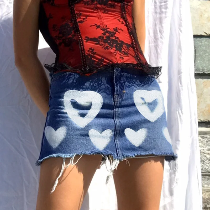 2024 Fashion Harajuku Women Lovely Heart Print A Line Denim Skirt Y2k Vintage Party Club Streetwear Bodycon Clothes Mini Skirts