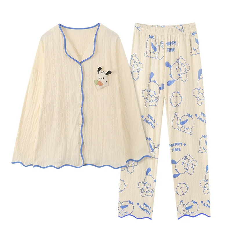 

Пижама женская хлопковая с длинным рукавом, жаккардовый комплект из двух предметов, длинные штаны, весна-осень