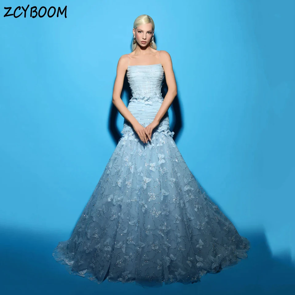 

Charming Sky Blue Strapless Sequin Butterfly Backless Evening Dress 2025 Mermaid Floor Length Sweep Train Prom Dress For Women