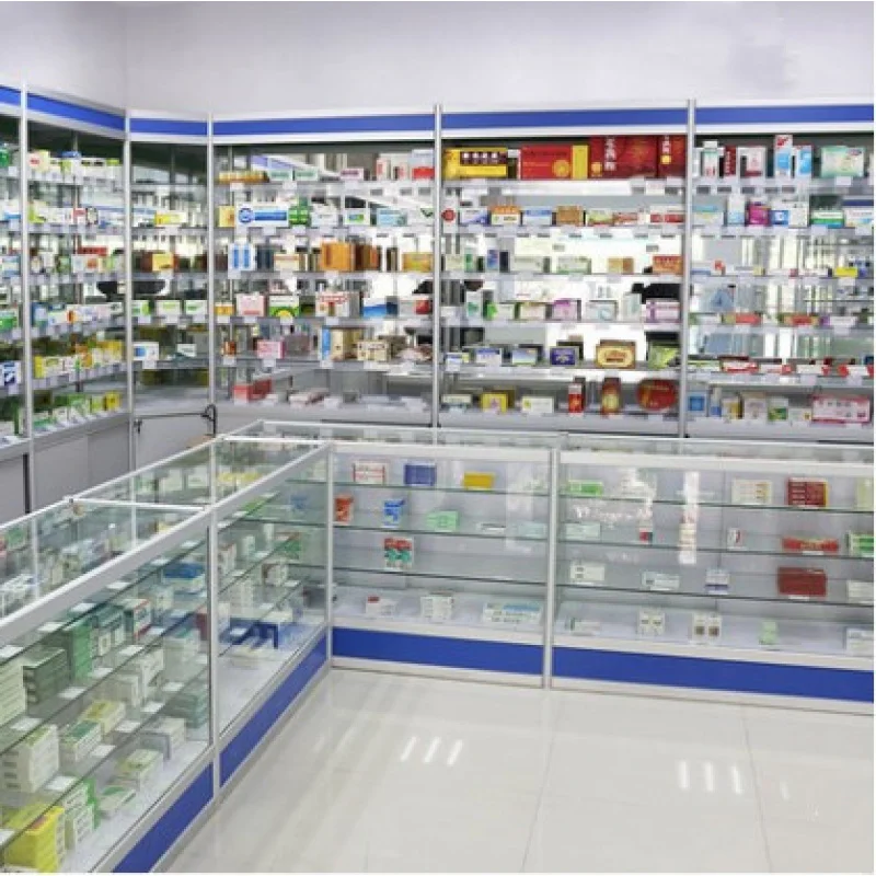 2025customized.Cheap Pharmacy Furniture Display Cabinet Glass Drugstore Counter Pharmacy Decoration