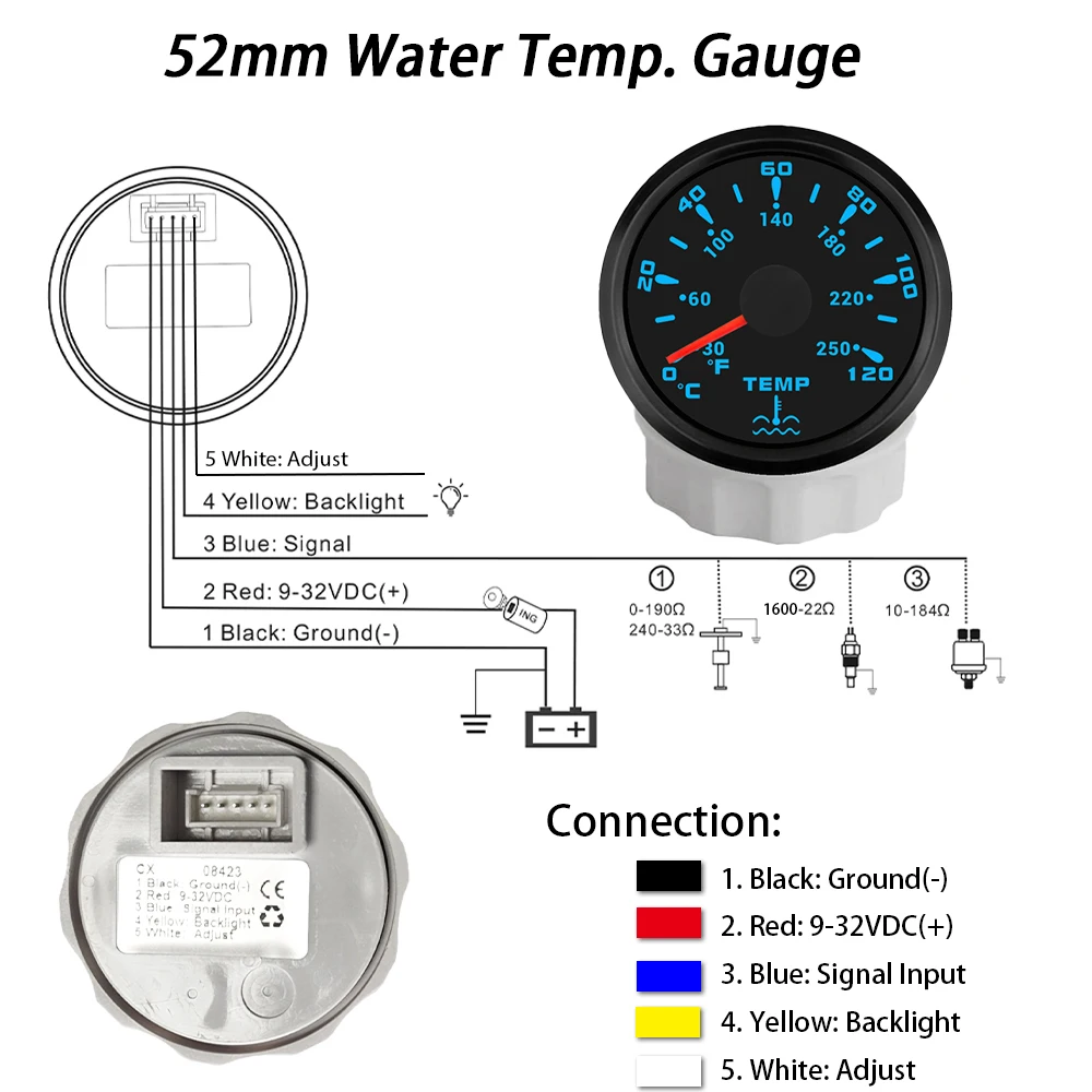 راكسل 52 مللي متر مقياس درجة حرارة الماء 0-120 درجة مع 7 ألوان الخلفية 12 فولت 24 فولت العالمي لسيارة اليخوت قوارب #5