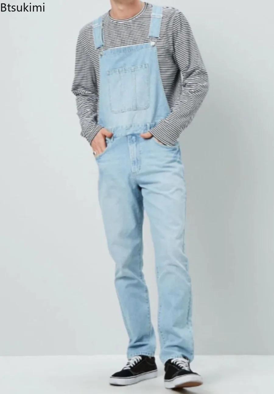 Macacão jeans de bolso múltiplo masculino, costura de botões, jeans com cinta de espaguete, macacão reto retrô, macacão casual, moda, 2024