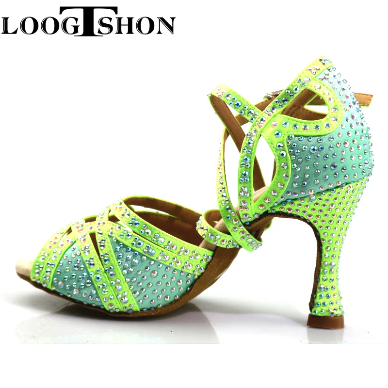 Loogtshon PROMO Rhinestone profesjonalny taniec latynoski obcas 9CM neon zielony dama taniec buty miękkie Samba Rumba Cha buty do tańca