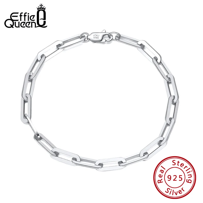EFFIE QUEEN 925 Sterling Silver Stacking Paperclip Chain Bracelets Chunky Dainty Link Chain Bracelet Party Jewelry Gift SB109
