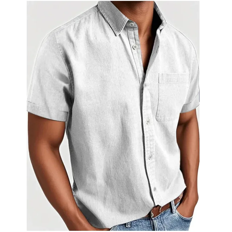 Men's Short Sleeve Shirt Cotton Fiber Blend Top With Breast Pocket Retro Solid Color Men's Clothing Big Size S-5XL D0306
