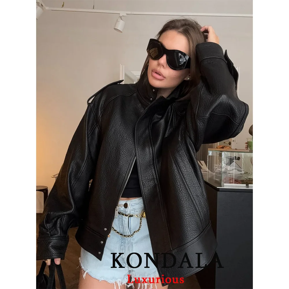 KONDALA Casual Chic Schwarz Leder Jacken Frauen Langarm Tasten Elastische Übergroße Mäntel Mode 2026 Frühling Streetwear Mäntel – Detail 12