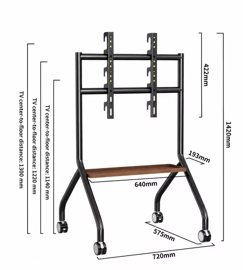 Nordic Safety Locking Mobile TV Cart Floor Stand with Anti Tip Base Height Adjustable Shelf and Wheels for Family Home Use