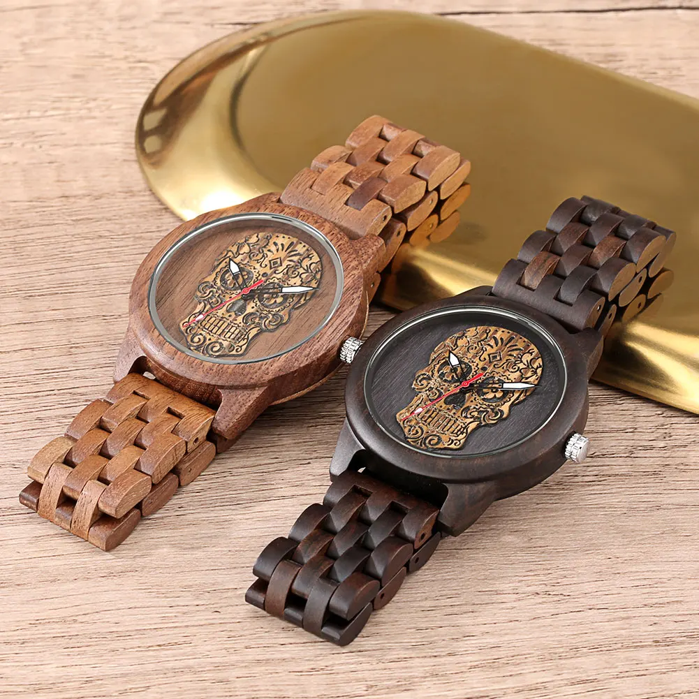 Simple Walnut Wood Skull Skeleton Mens Watches Ghost Design Analog Quartz Wrist Watch Men Steampunk Wooden Band Clock Male 2022