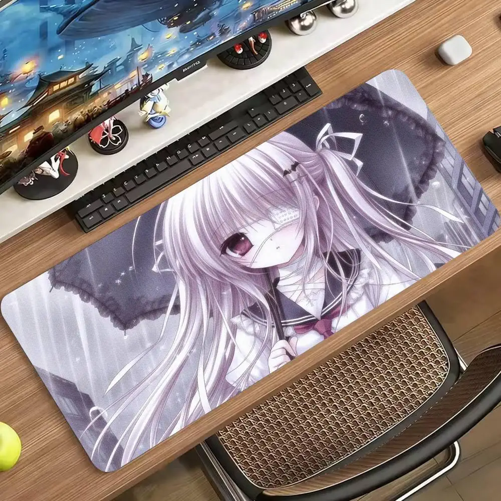 Pale White Hair Anime Girl Gaming Mouse Pad, Eye Patch Bandage Girl With Black Desk Mat