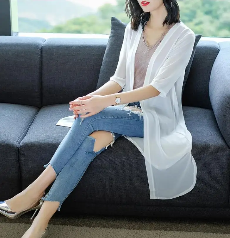 

Women's Casual Kimono Cardigan Long Crochet Chiffon Top plus Size Black White Summer Sun Protection Fashion Shirt