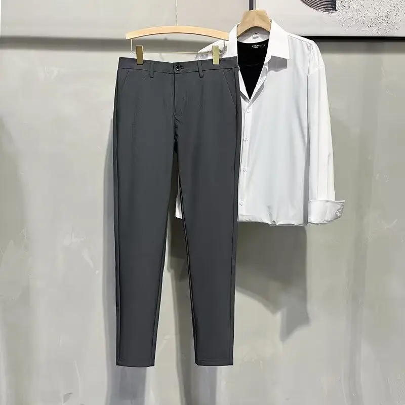 Ice Silk Fabric Trousers Pencil Summer New Men's Button Zipper Solid Color Fashion Slim Business Patchwork Pockets Suit Pants