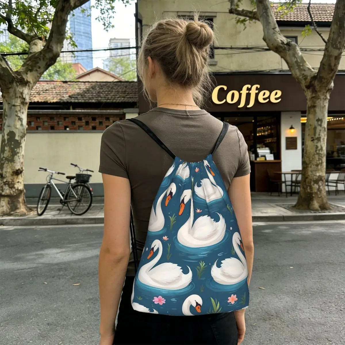 Cartoon Elegant White Swan Pattern Backpacks Multi-function Drawstring Bundle Pocket Sports Bag Book Bags for Man Woman Students