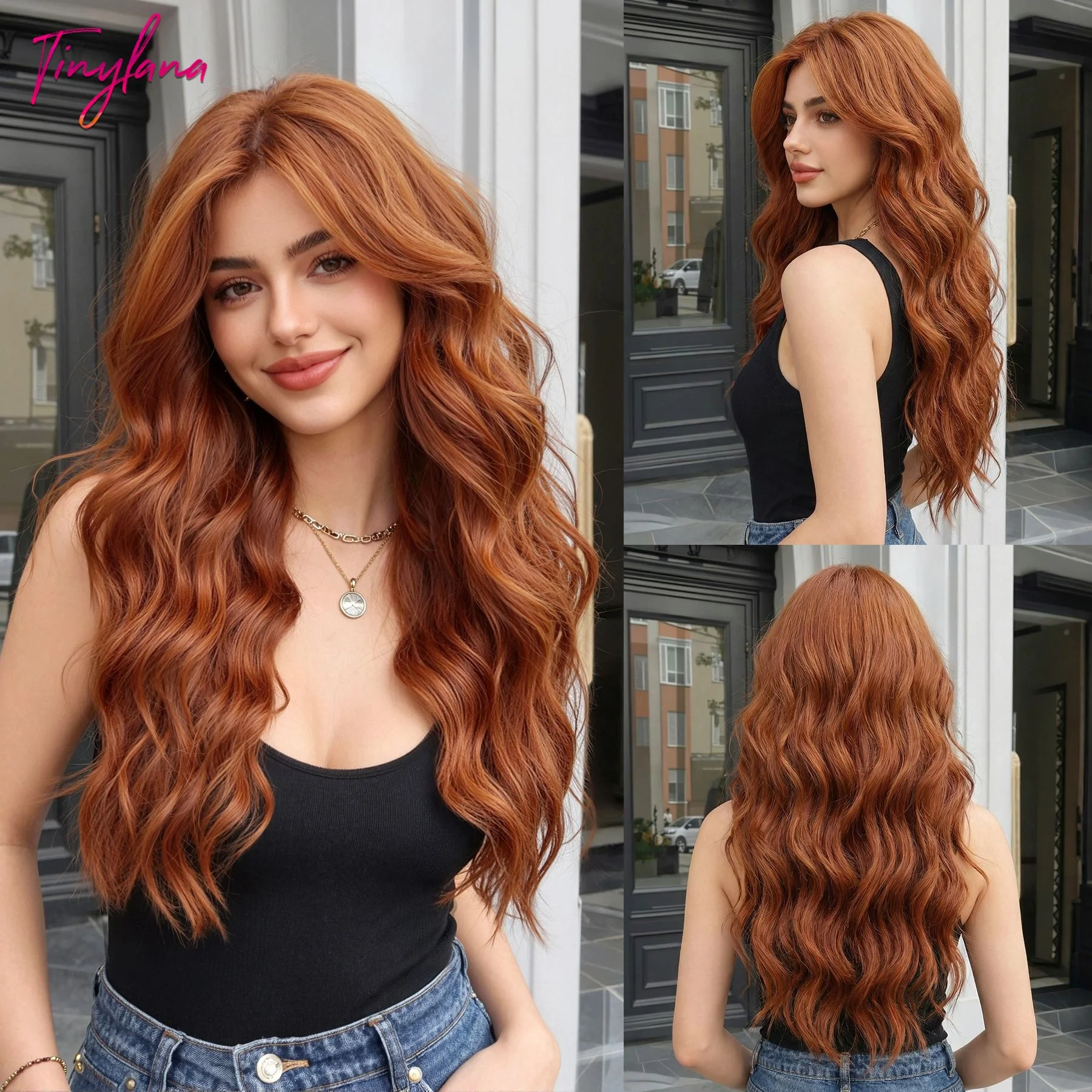 Long Wavy Copper Brown Wig Without Bangs for Women Natural Vibrant Auburn Synthetic Hair Heat Resistant Fiber Daily Wear Cosplay